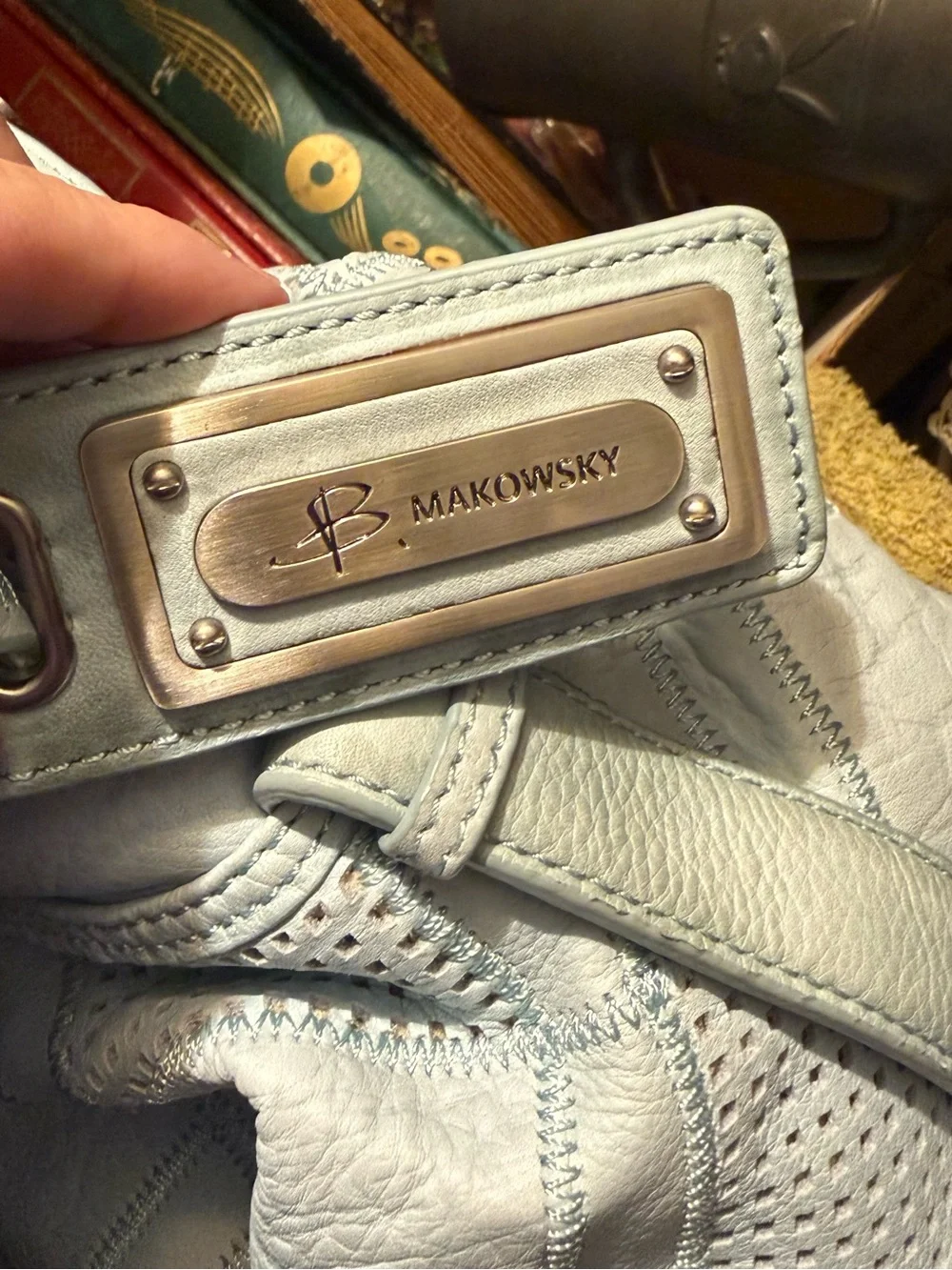 b. makowsky Light Sage Perforated Diamond-Panel Shoulder Bag